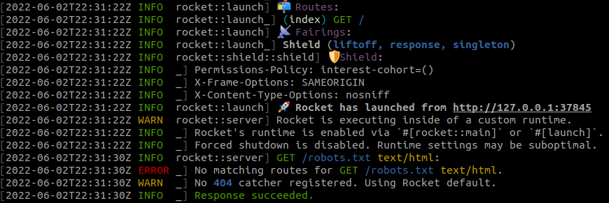 A stack of logs generated by a Rocket Rust web service